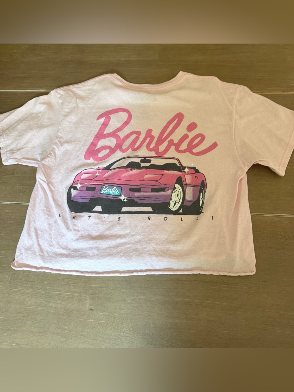 Barbie Pink Graphic Crop Tee Let’s Roll Car Logo T-Shirt Women’s Medium